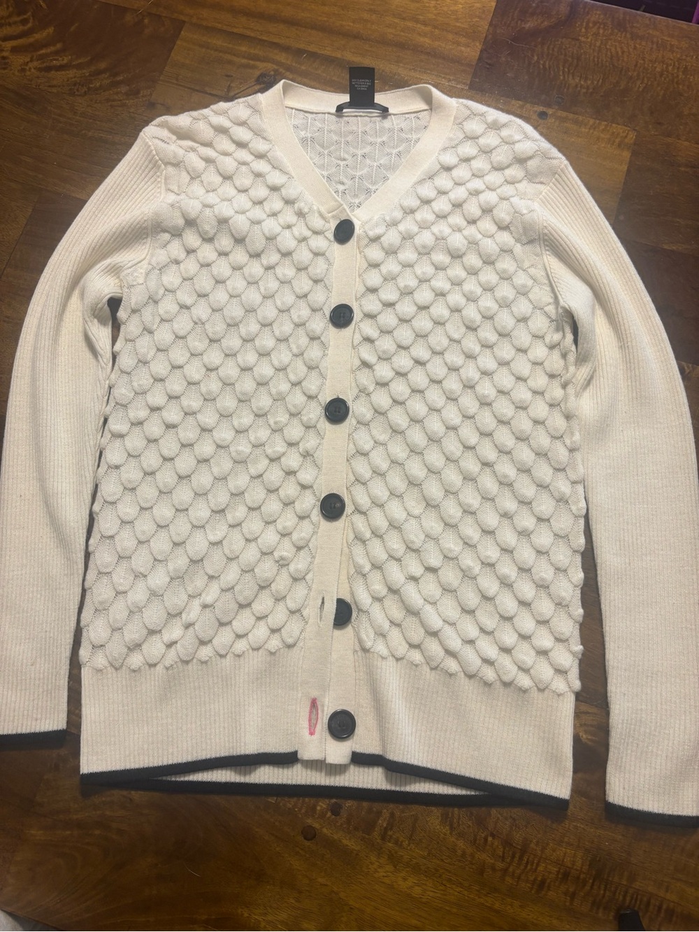 Pink Tartan Cream Textured V-Neck Cardigan with Contrast Trim